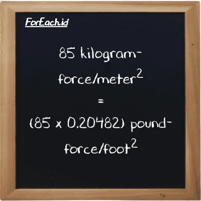 How to convert kilogram-force/meter<sup>2</sup> to pound-force/foot<sup>2</sup>: 85 kilogram-force/meter<sup>2</sup> (kgf/m<sup>2</sup>) is equivalent to 85 times 0.20482 pound-force/foot<sup>2</sup> (lbf/ft<sup>2</sup>)